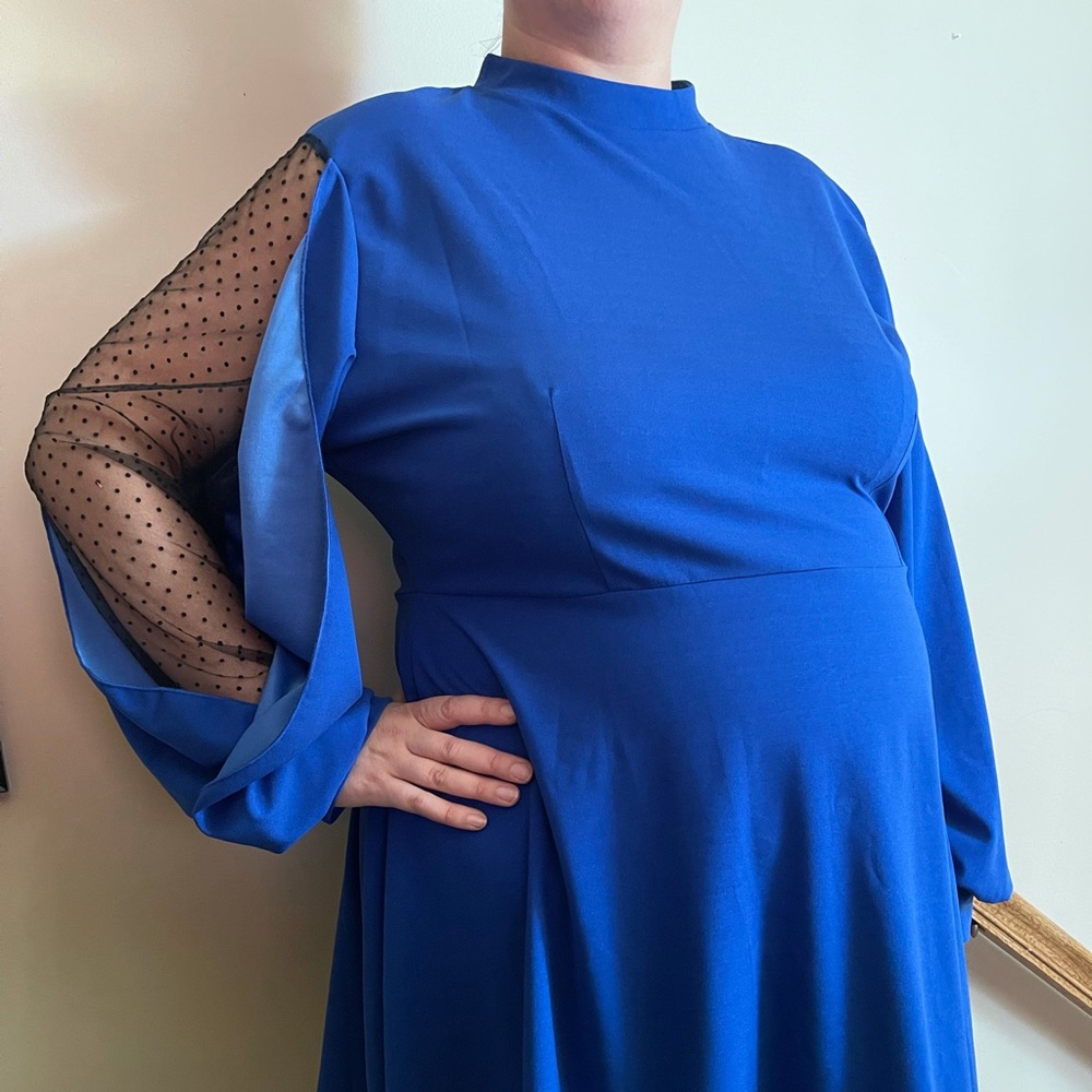 Royal blue skater dress with mesh sleeve detail